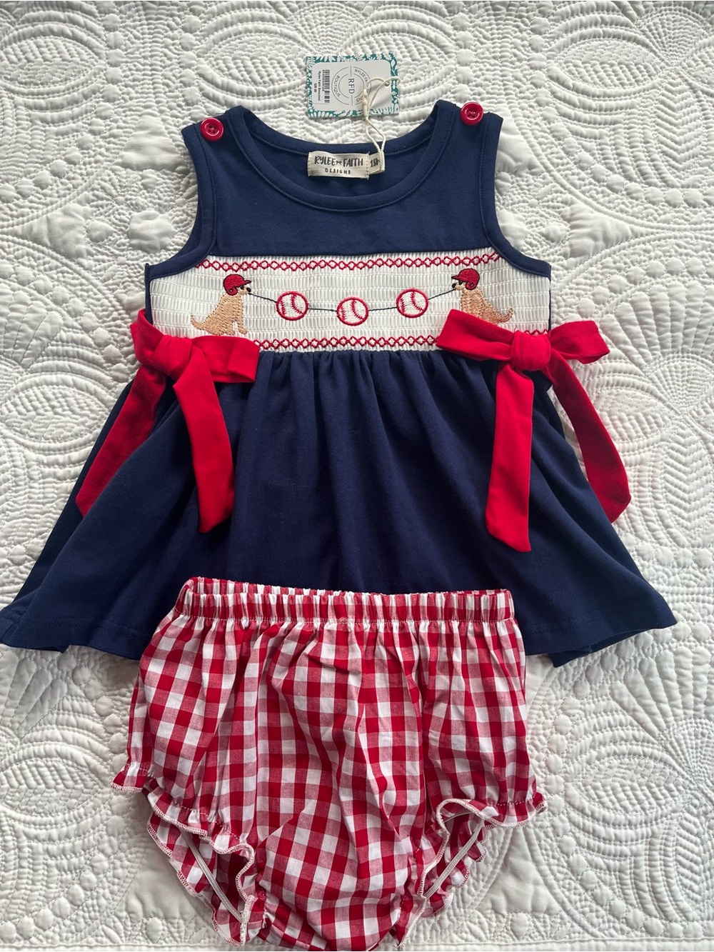 Navy & Red Smocked Baseball Puppy Dress with Gingham Bloomers